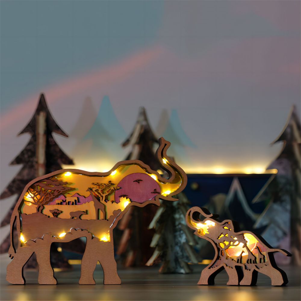 3D Wooden Elephant Light Wooden Carved Cute Animal Desktop Ornaments