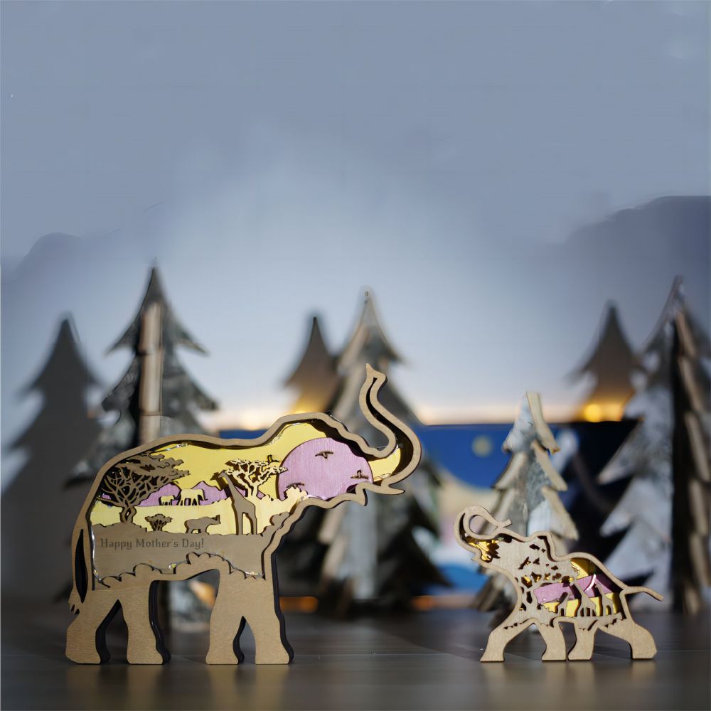 3D Wooden Elephant Light Wooden Carved Cute Animal Desktop Ornaments
