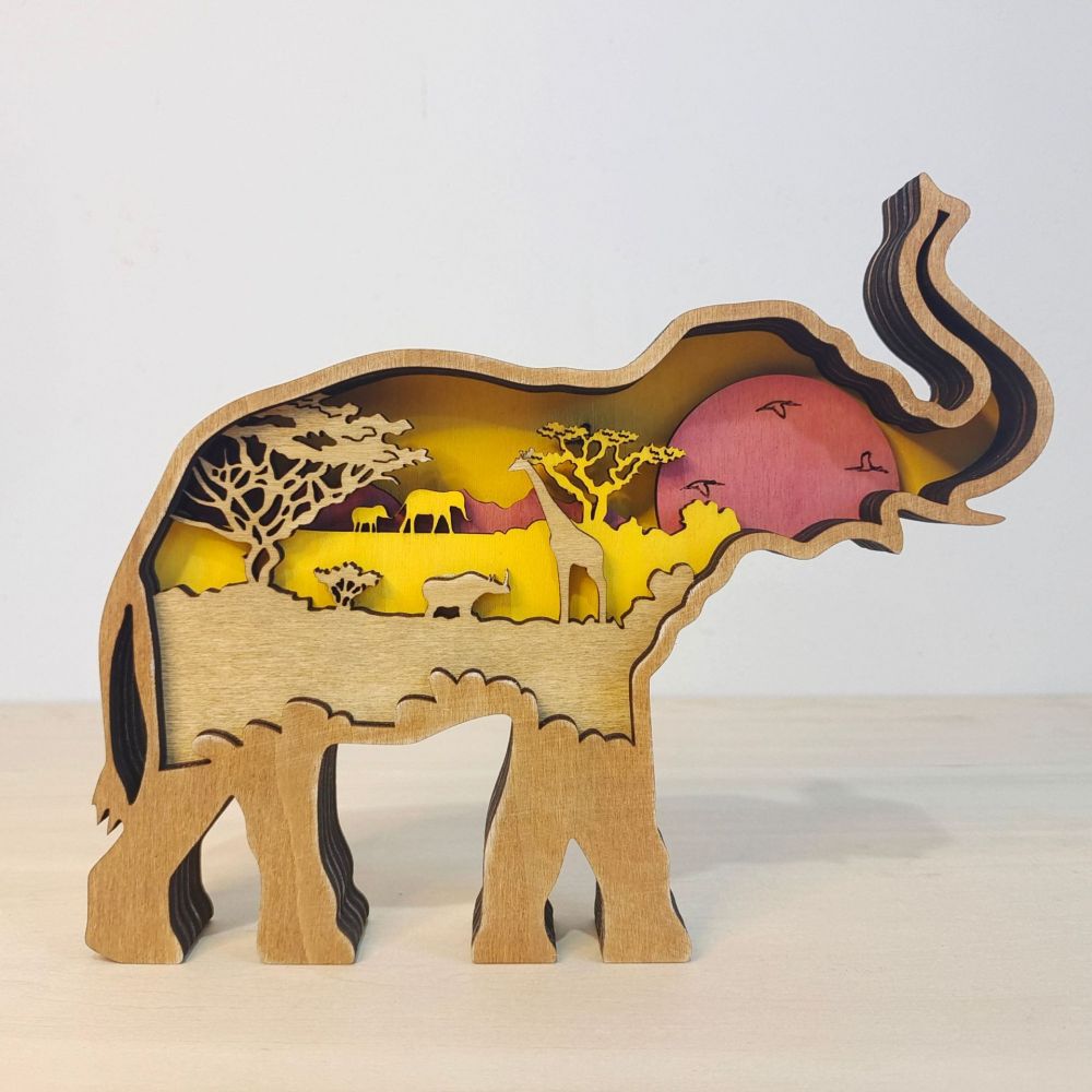 3D Wooden Elephant Light Wooden Carved Cute Animal Desktop Ornaments