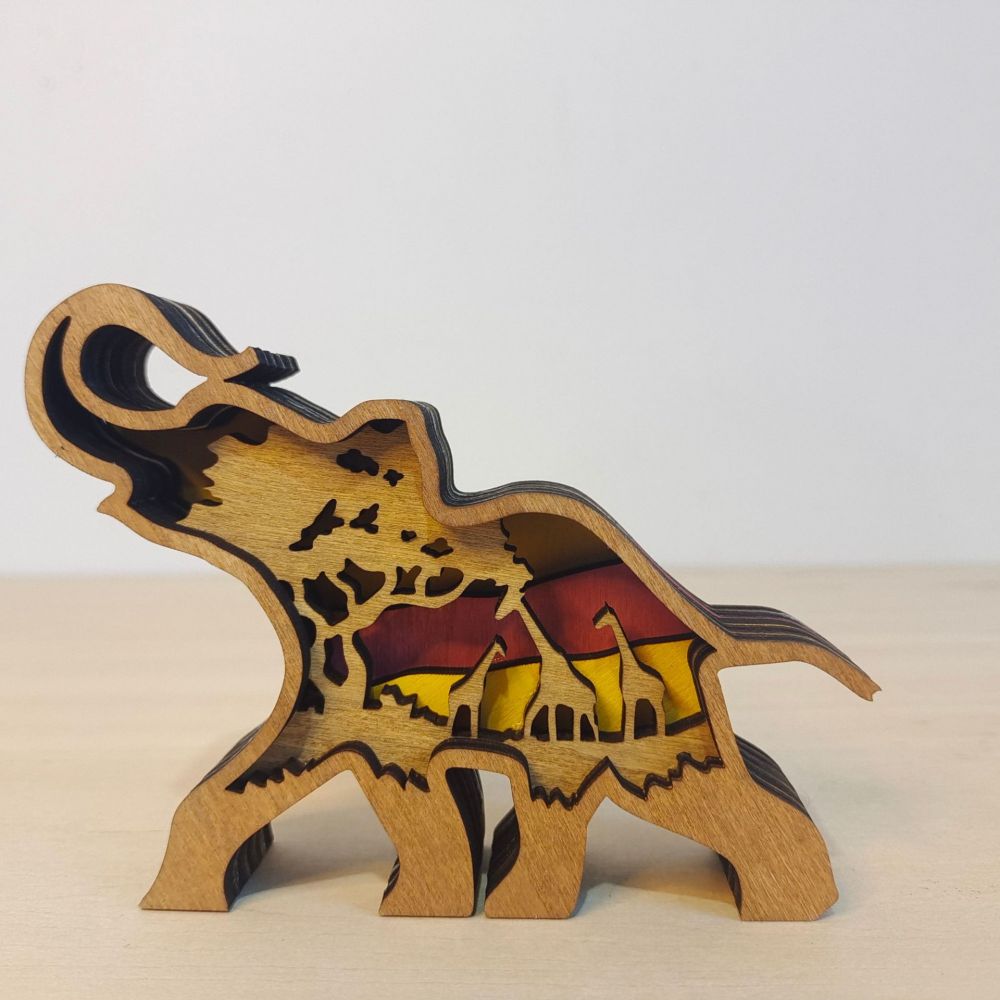 3D Wooden Elephant Light Wooden Carved Cute Animal Desktop Ornaments