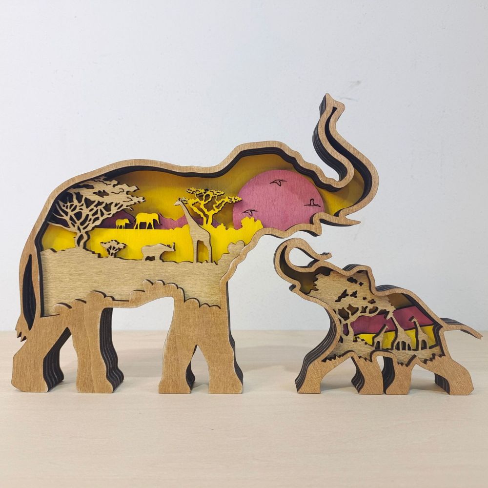 3D Wooden Elephant Light Wooden Carved Cute Animal Desktop Ornaments
