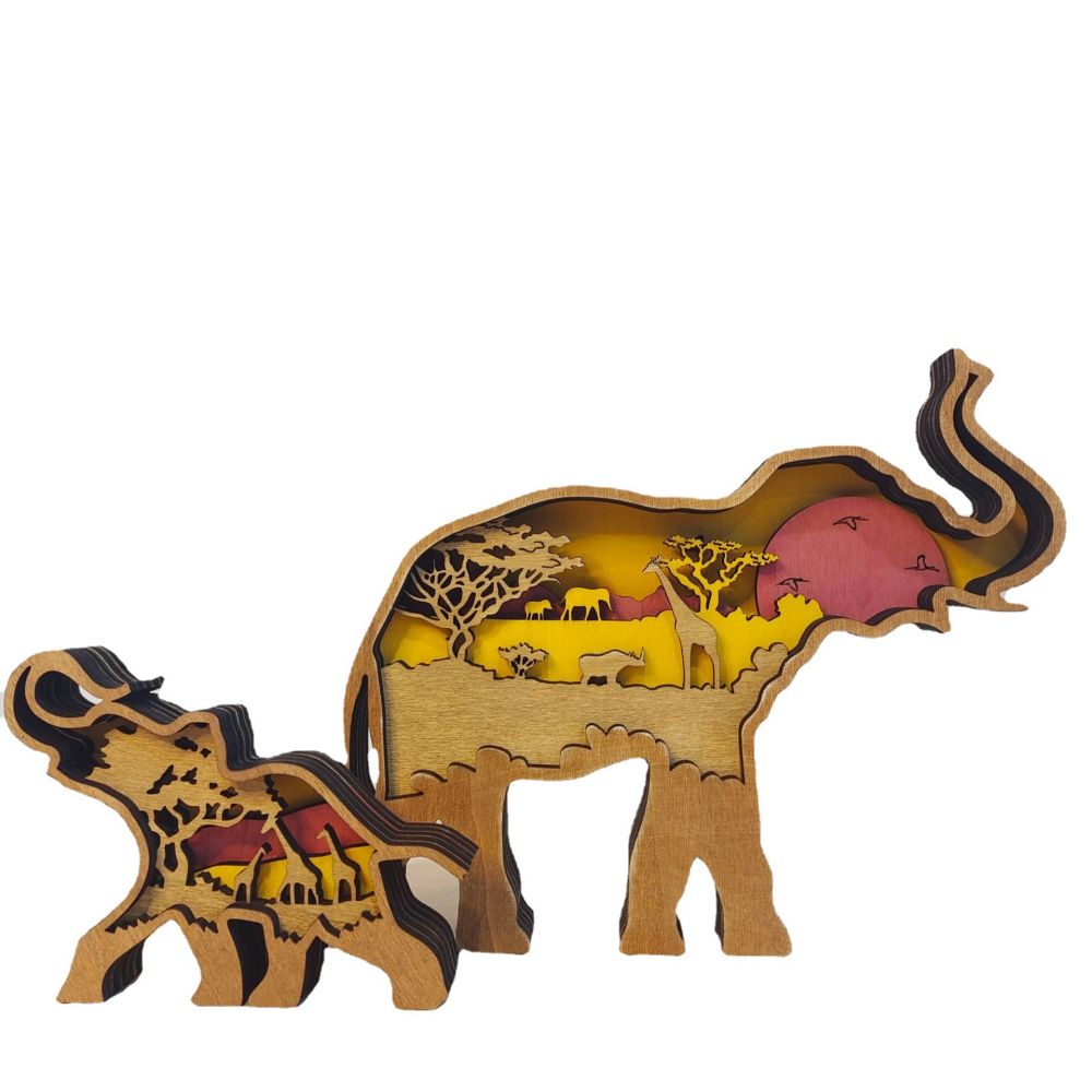 3D Wooden Elephant Light Wooden Carved Cute Animal Desktop Ornaments