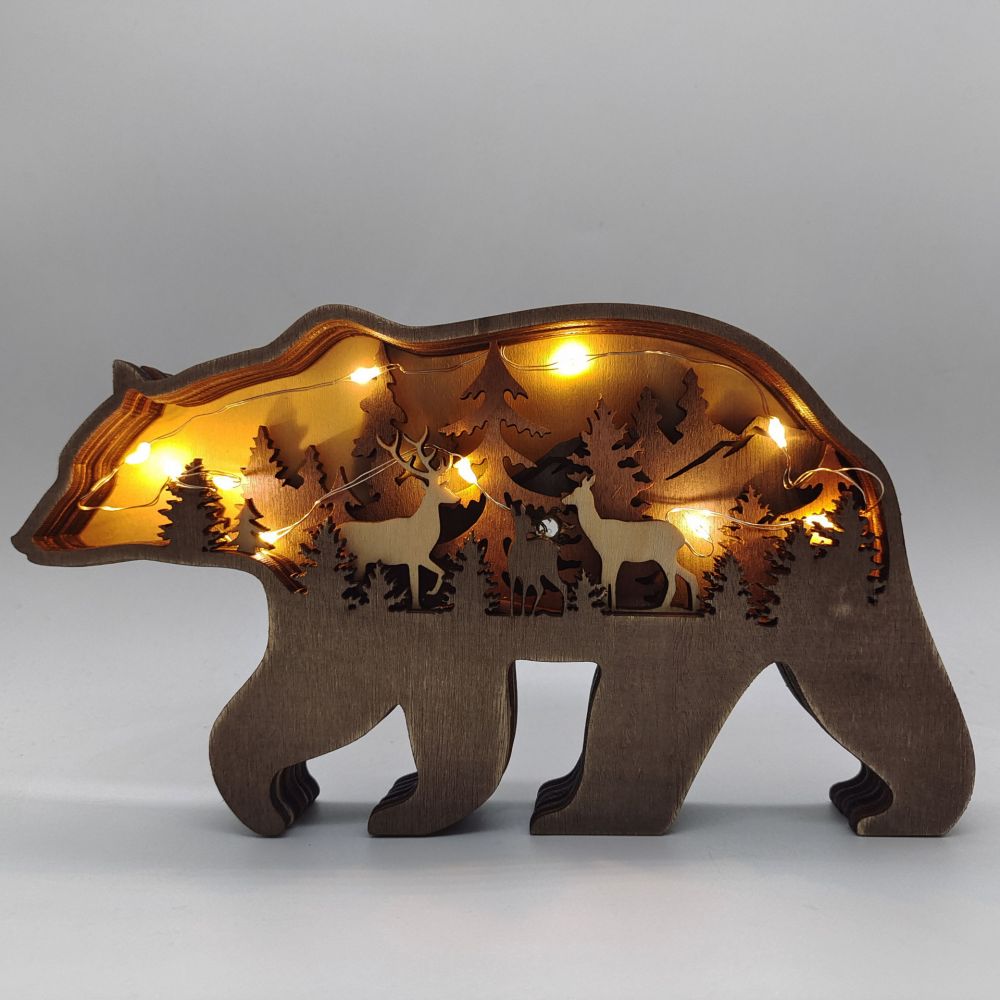 3D Wooden Bear Light Wooden Carved Cute Animal Desktop Ornaments