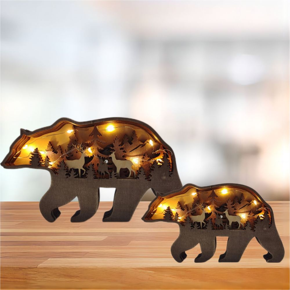 3D Wooden Bear Light Wooden Carved Cute Animal Desktop Ornaments
