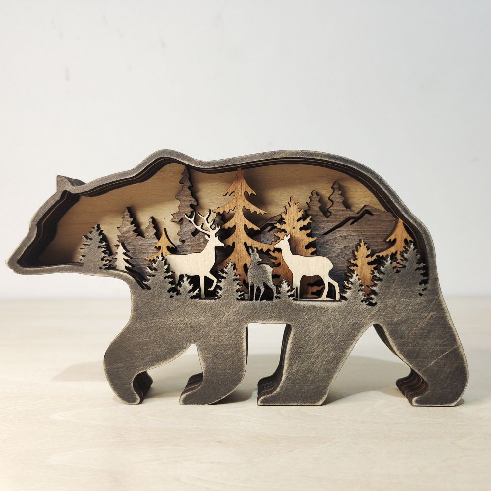 3D Wooden Bear Light Wooden Carved Cute Animal Desktop Ornaments