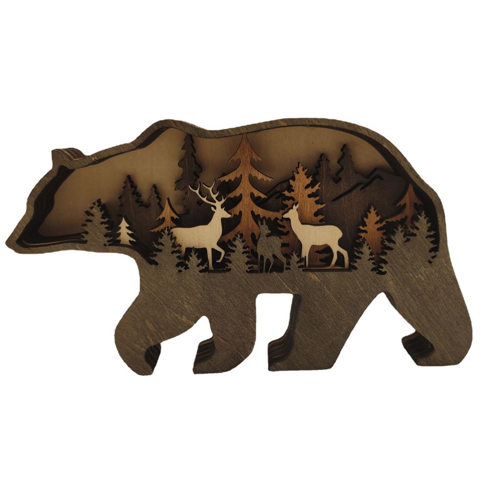 3D Wooden Bear Light Wooden Carved Cute Animal Desktop Ornaments