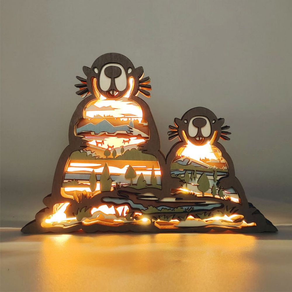 3D Wooden Animal Light Wooden Carved Cute Animal Lamp for Home Decor