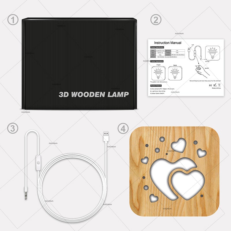 Love Heart Wood Lamp Night Light Room Decor Valentine's Day Gift for Girl