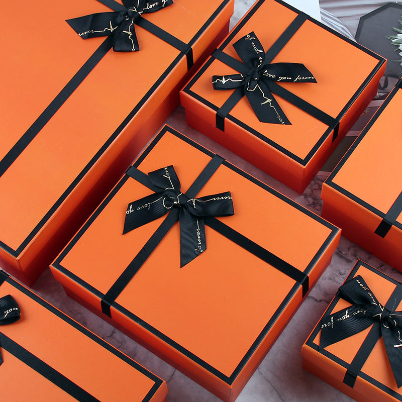 Orange Square Shaped Presentation Gift Box with Bow Ribbon