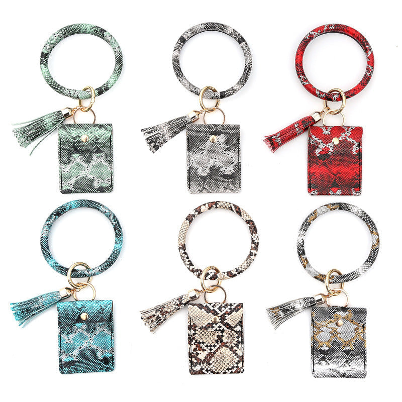 Leather Wristlet Circle Keychain Bangle Card Pocket for Women