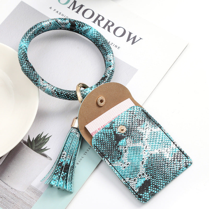 Leather Wristlet Circle Keychain Bangle Card Pocket for Women