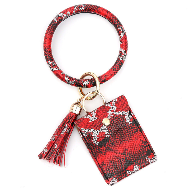 Leather Wristlet Circle Keychain Bangle Card Pocket for Women