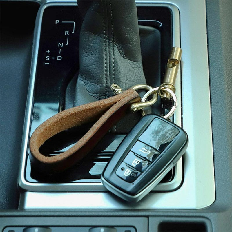 Vintage Leather Car Keychain with Survival Whistle Gift for Men