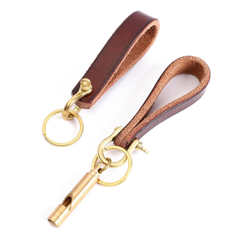 Vintage Leather Car Keychain with Survival Whistle Gift for Men