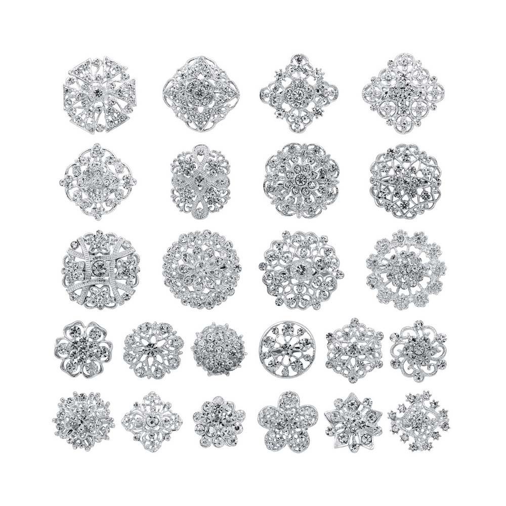 24 pc Silver Multi Color Crystal Brooches Wedding Bouquet DIY Decoration