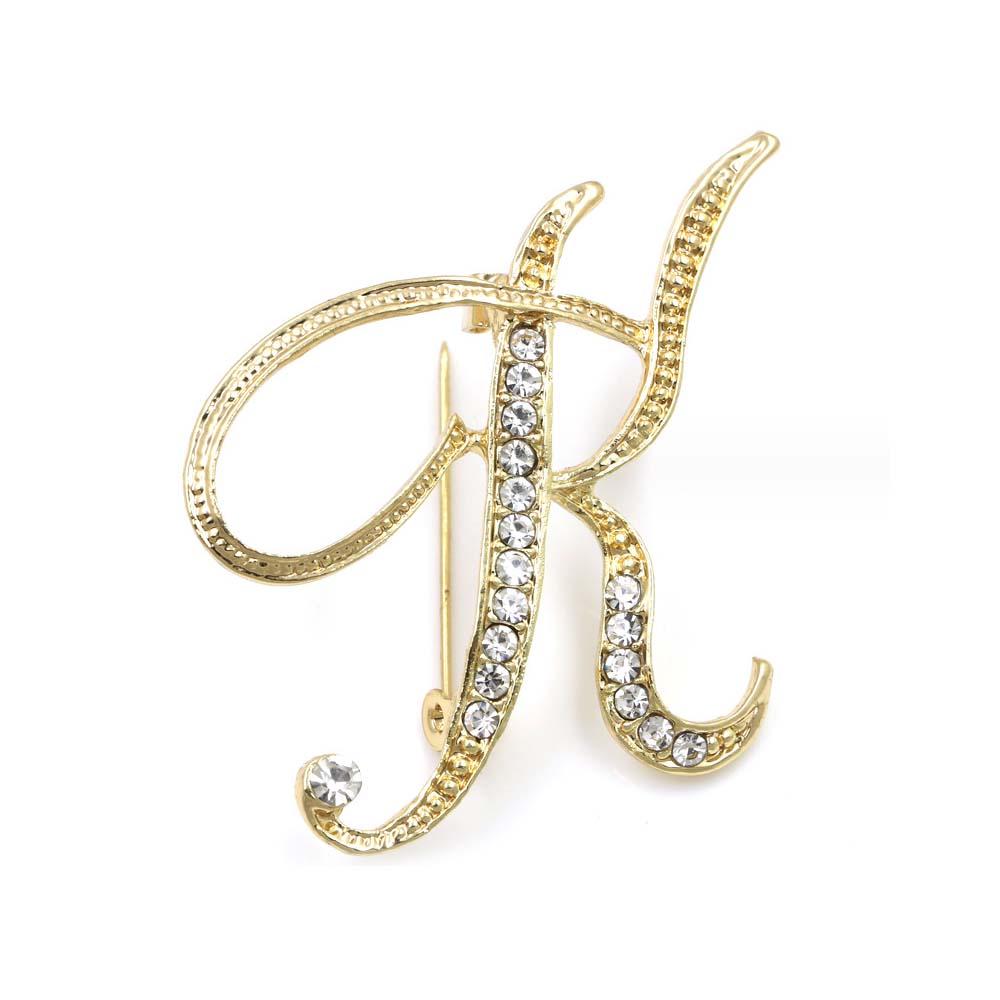 A-Z 26 Letters Pins Brooches Silver/Gold Plated Metal Broaches Pins-Clear Crystal Initial Breastpin