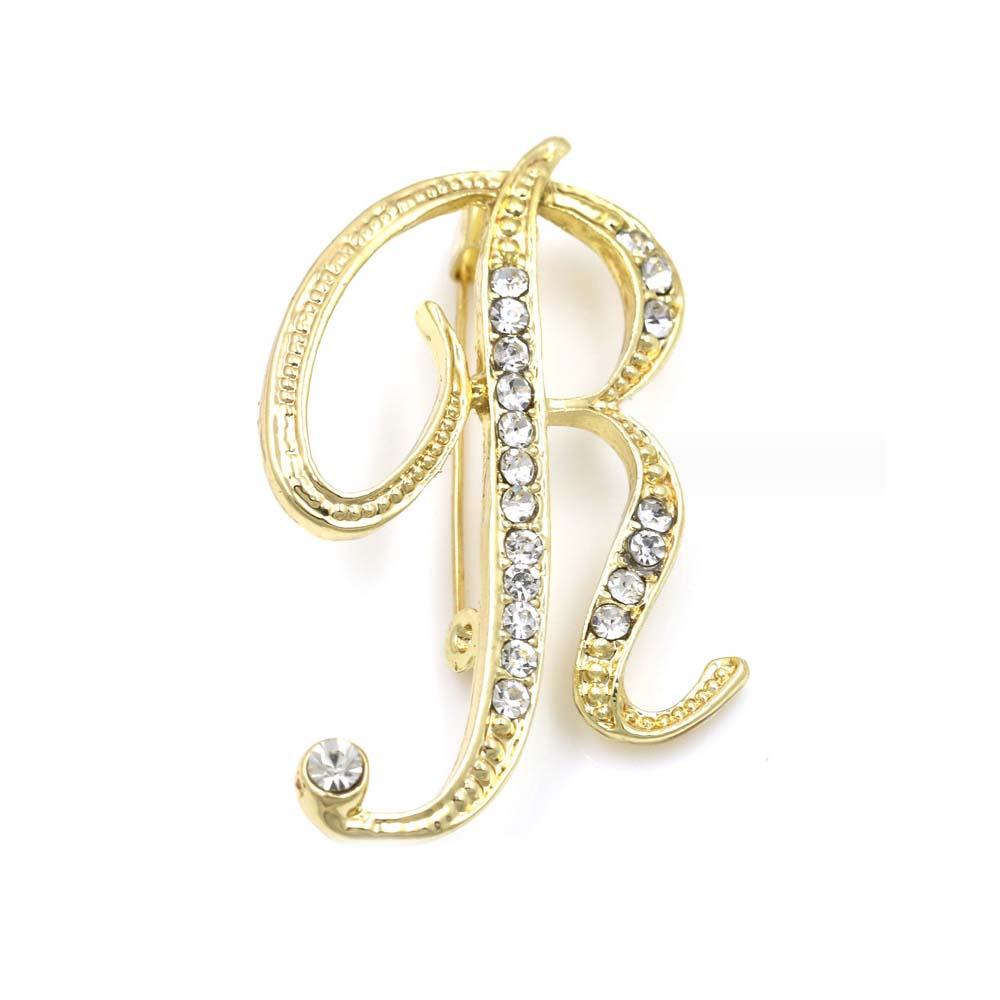 A-Z 26 Letters Pins Brooches Silver/Gold Plated Metal Broaches Pins-Clear Crystal Initial Breastpin