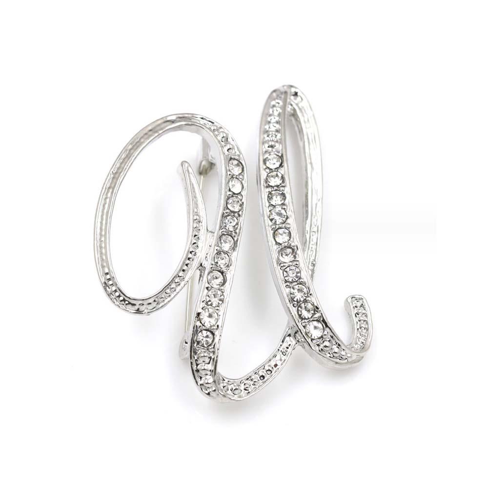 A-Z 26 Letters Pins Brooches Silver/Gold Plated Metal Broaches Pins-Clear Crystal Initial Breastpin