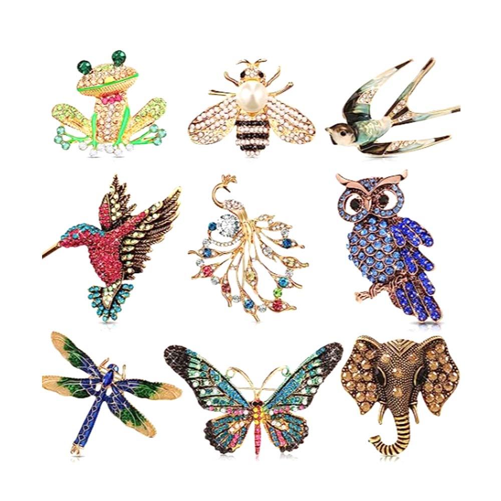 9 Pieces Women Brooches pins Bulk Set Rhinestone Animal Insect Crystal Pins Butterfly Dragonfly Hummingbird Owl Peacock Brooch Pin for Women Christmas Girls Gifts