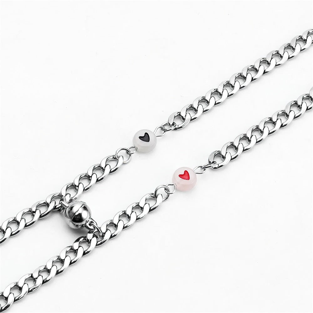 Couple Bracelet Magnet Stainless Steel Chain with Luminous Heart Birthday Gifts Lovers Boyfriend Girlfriend Him Her BFF 2 PCs