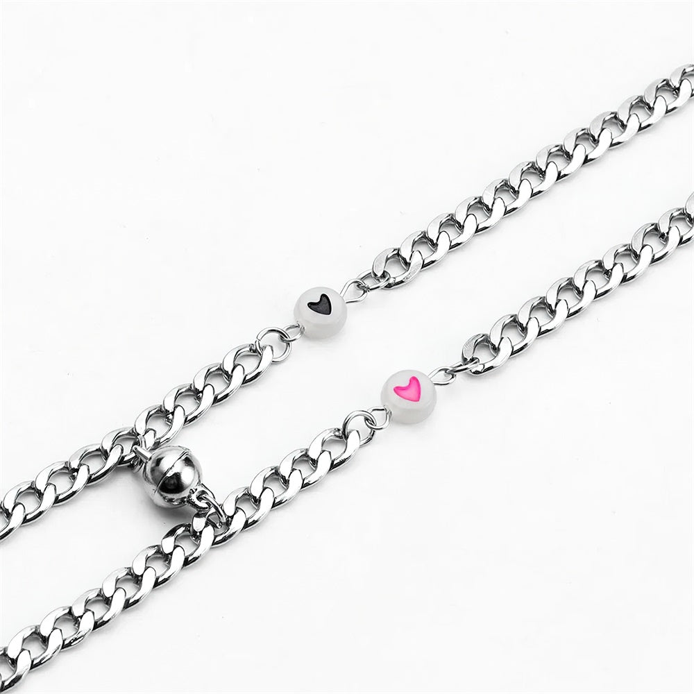 Couple Bracelet Magnet Stainless Steel Chain with Luminous Heart Birthday Gifts Lovers Boyfriend Girlfriend Him Her BFF 2 PCs