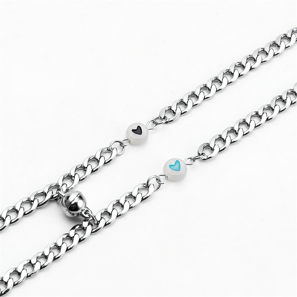 Couple Bracelet Magnet Stainless Steel Chain with Luminous Heart Birthday Gifts Lovers Boyfriend Girlfriend Him Her BFF 2 PCs