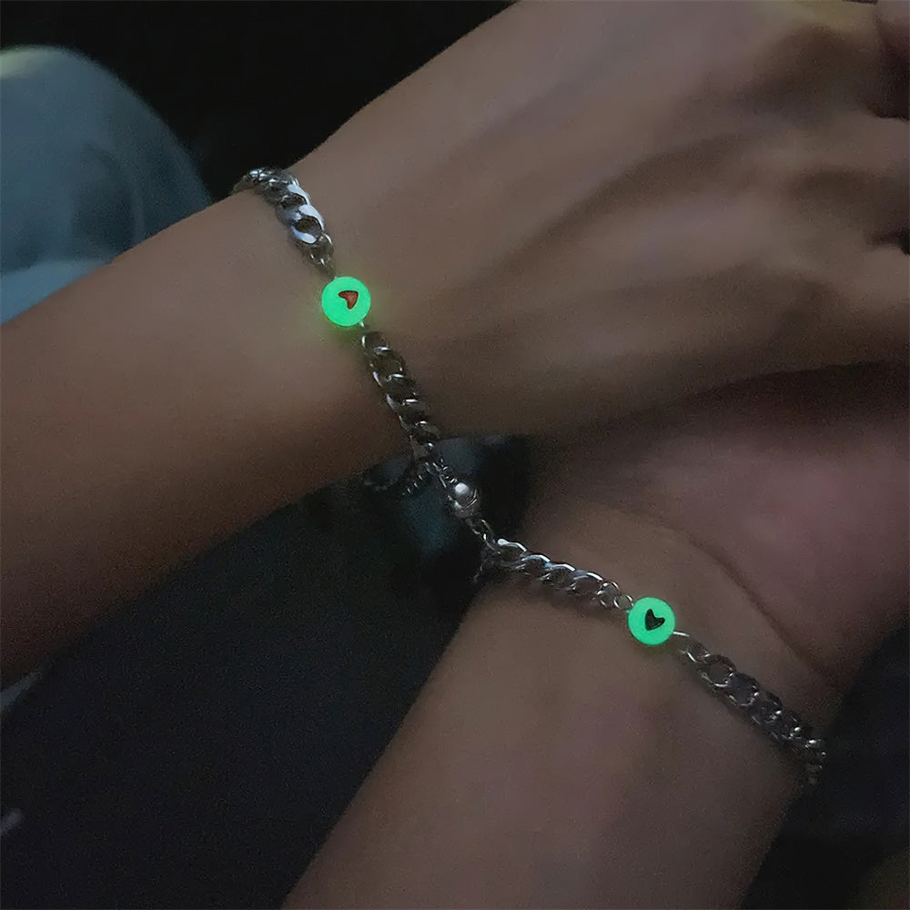 Couple Bracelet Magnet Stainless Steel Chain with Luminous Heart Birthday Gifts Lovers Boyfriend Girlfriend Him Her BFF 2 PCs