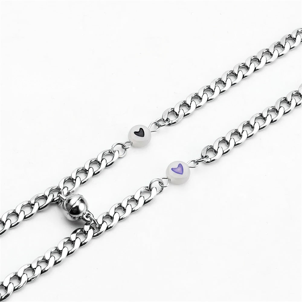 Couple Bracelet Magnet Stainless Steel Chain with Luminous Heart Birthday Gifts Lovers Boyfriend Girlfriend Him Her BFF 2 PCs