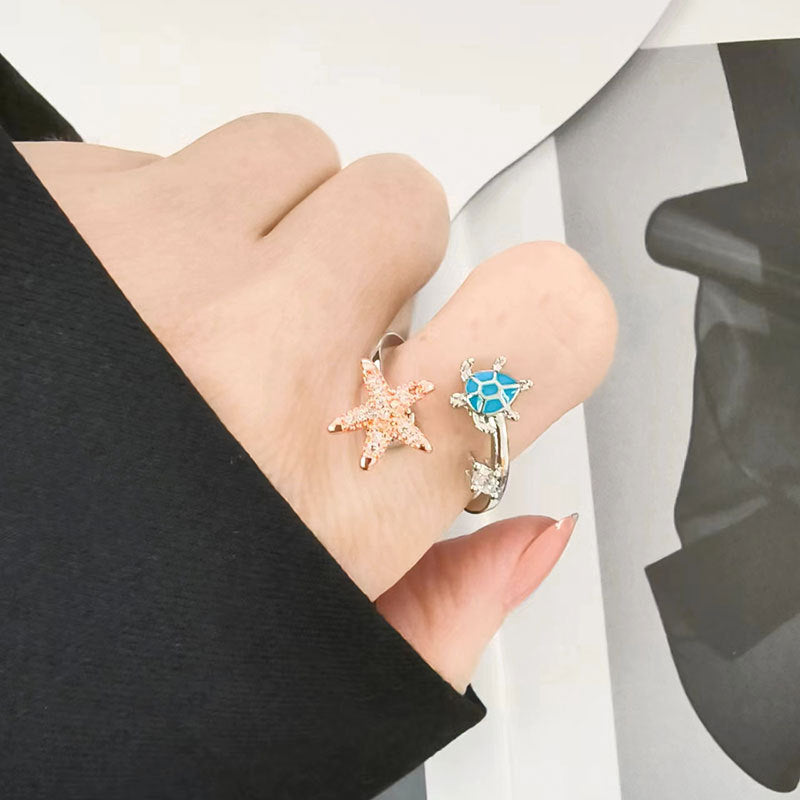 Fidget Anti-anxiety Ring Sea Turtle and Starfish Open Adjustable Spinner Ring Jewelry Gifts for Her