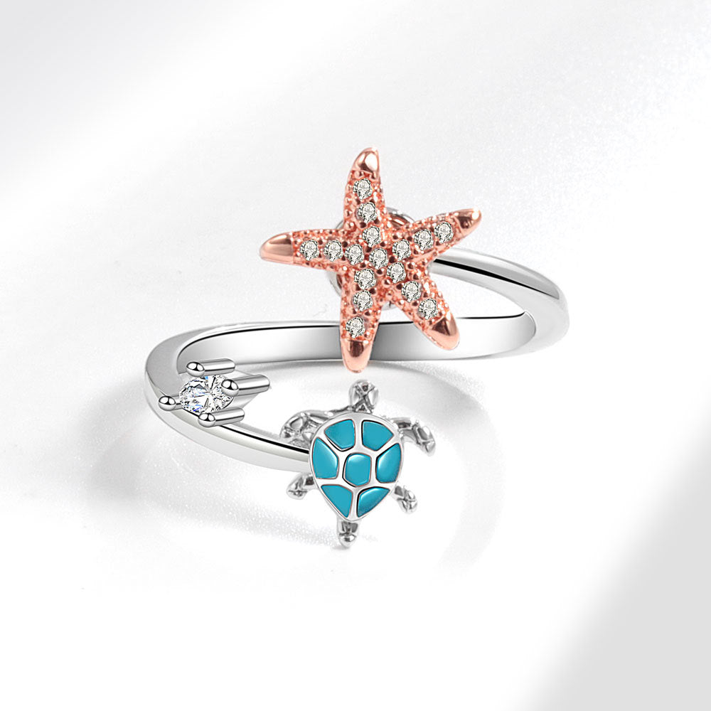 Fidget Anti-anxiety Ring Sea Turtle and Starfish Open Adjustable Spinner Ring Jewelry Gifts for Her