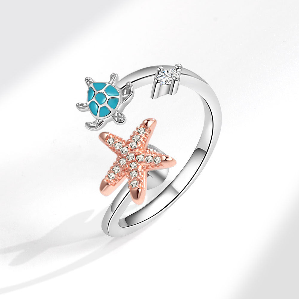 Fidget Anti-anxiety Ring Sea Turtle and Starfish Open Adjustable Spinner Ring Jewelry Gifts for Her