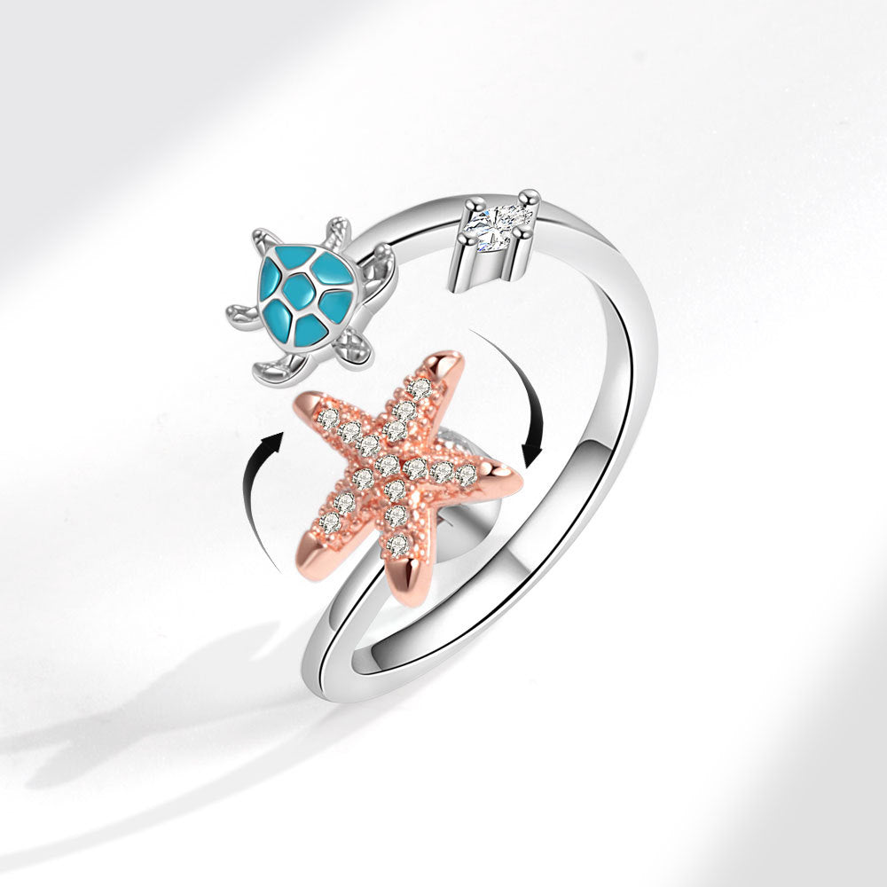 Fidget Anti-anxiety Ring Sea Turtle and Starfish Open Adjustable Spinner Ring Jewelry Gifts for Her