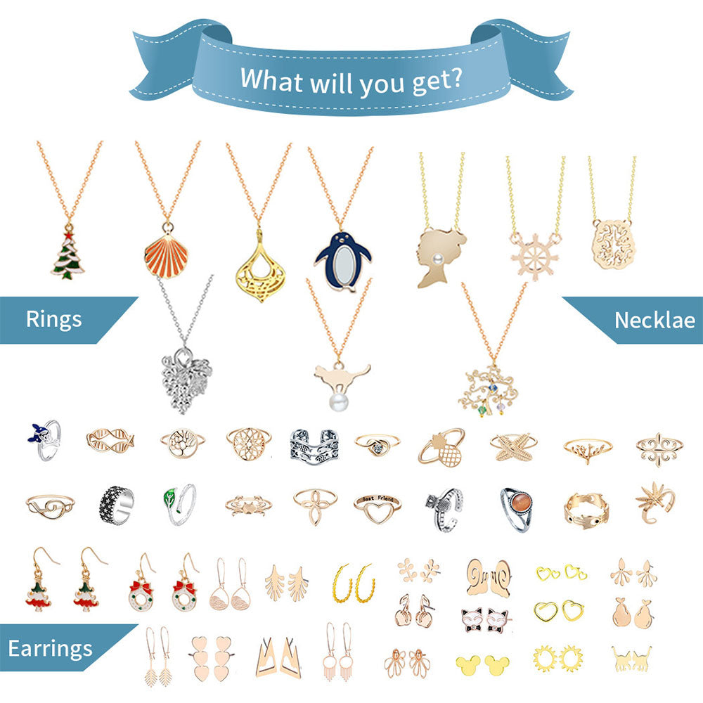 Advent Calendar To Christmas Ring Necklace Earrings Jewelry Box Set Christmas 24-Piece Set (Random Style)