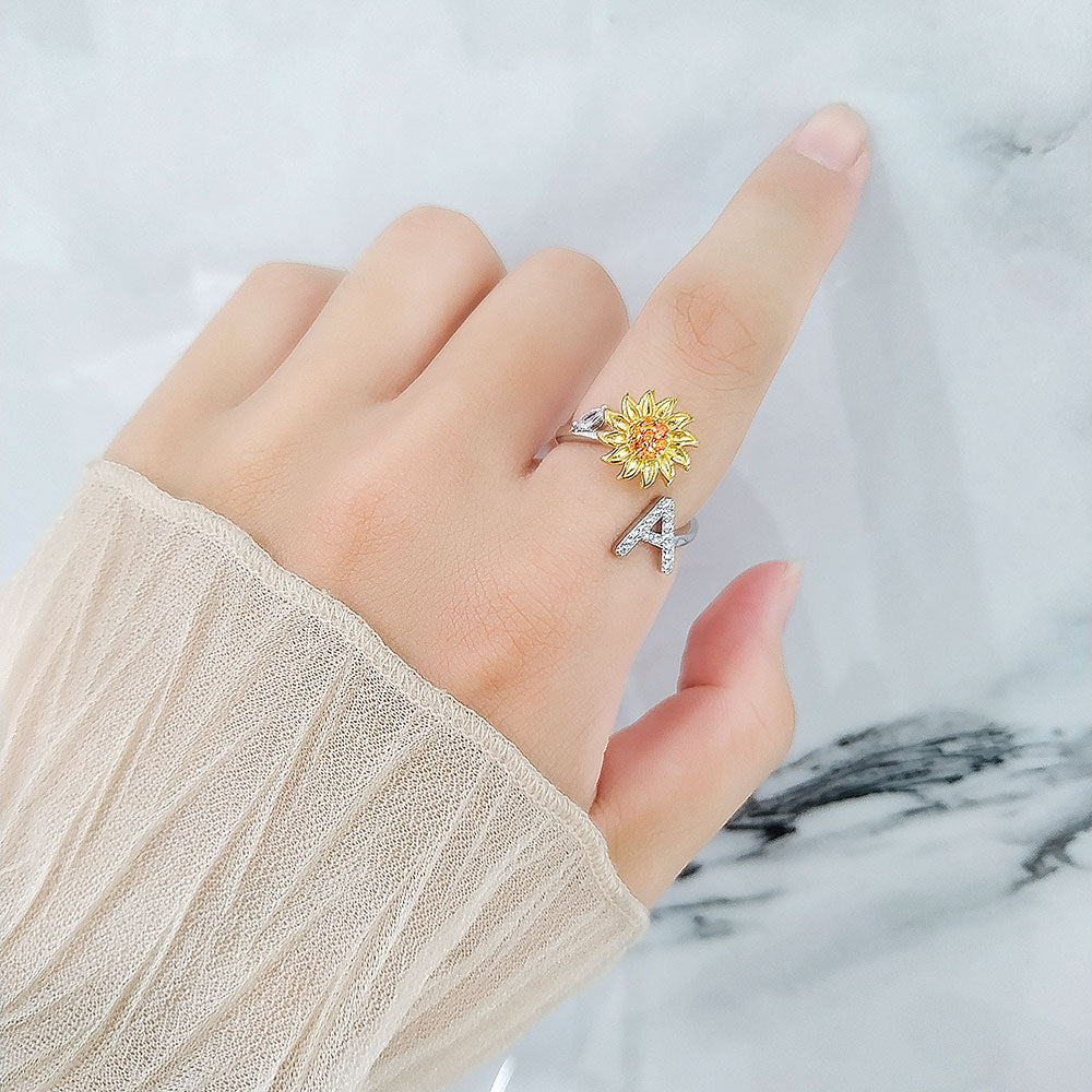Spinner Ring Sunflower Initial Letter Adjustable Anxiety Fidget Rings for Relieving Stress Ring for Women