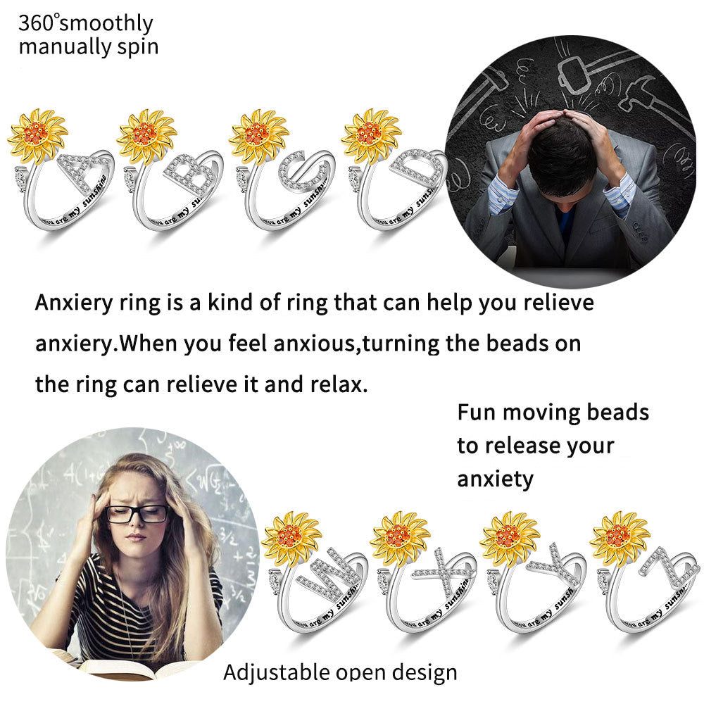 Spinner Ring Sunflower Initial Letter Adjustable Anxiety Fidget Rings for Relieving Stress Ring for Women