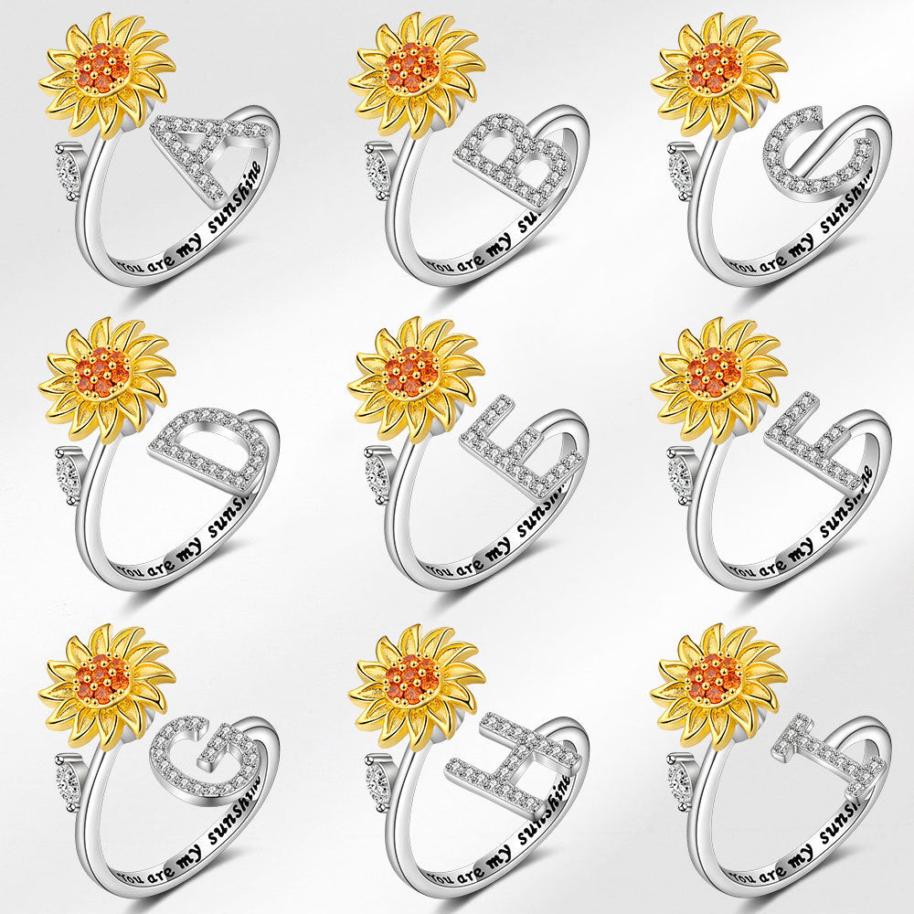 Spinner Ring Sunflower Initial Letter Adjustable Anxiety Fidget Rings for Relieving Stress Ring for Women