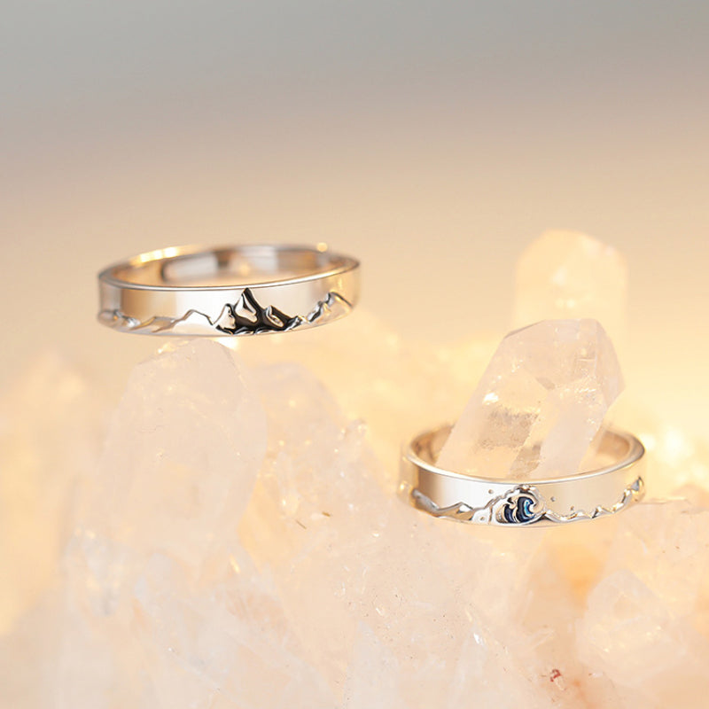 Mountain Ocean Couple Rings Matching Adjustable Ring Jewelry Gift for Lovers