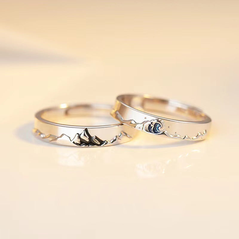 Mountain Ocean Couple Rings Matching Adjustable Ring Jewelry Gift for Lovers