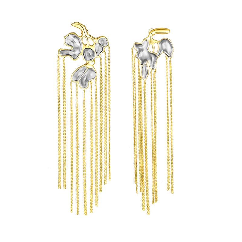 Wisteria Collection Asymmetric Golden And Silver Tassel Earrings