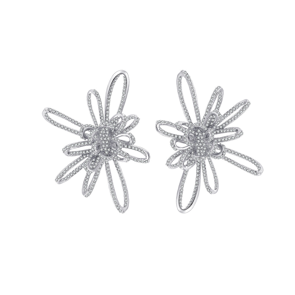 Chrysanthemum Linear Silver Diamond Earrings