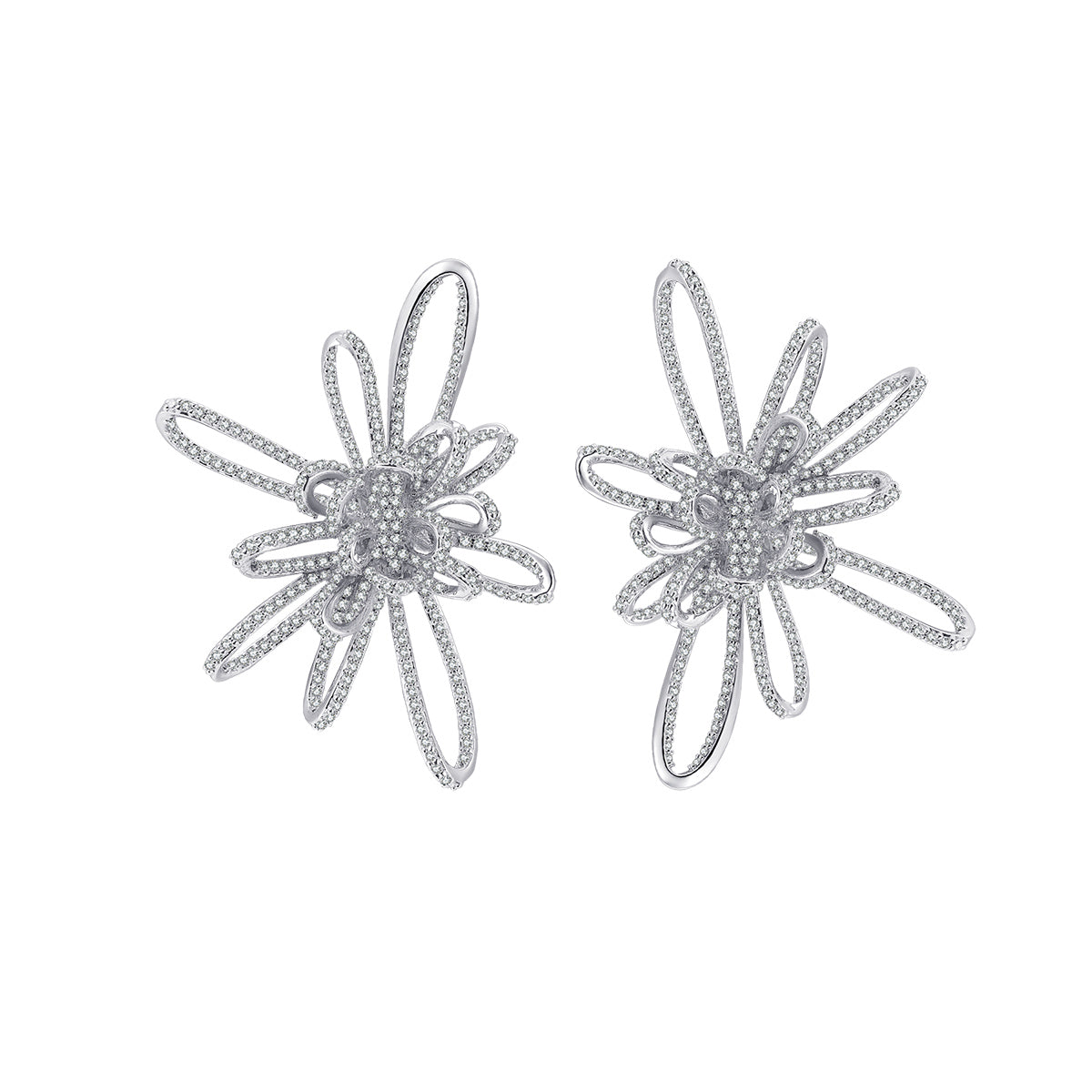 Chrysanthemum Linear Silver Diamond Earrings