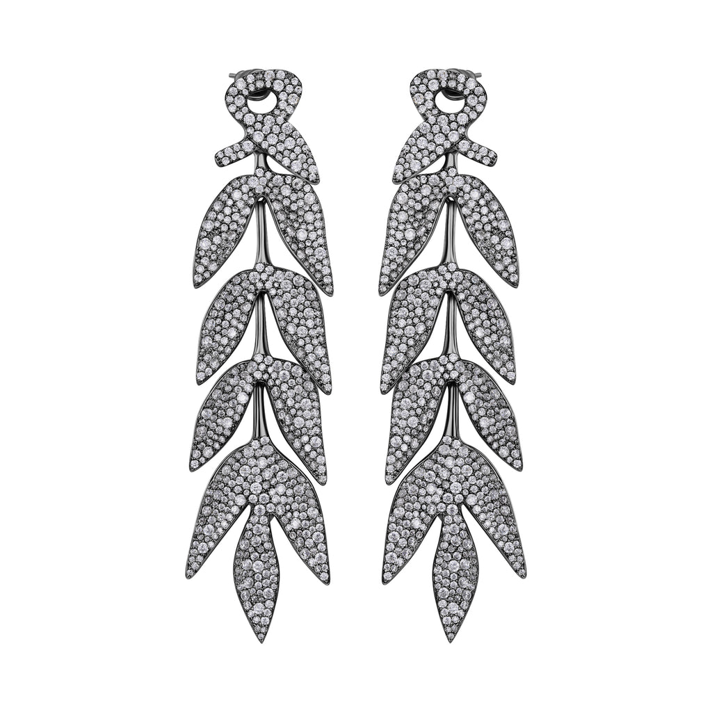 Bamboo Collection Ten Bamboo Leaves Tassel Earrings Full Of Diamonds