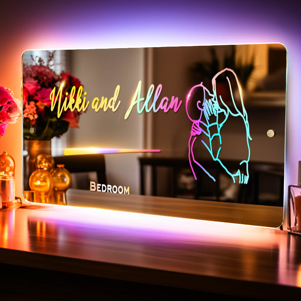 Personalized Line Photo Engraved Mirror Light Bedroom Sign Custom Mirror Neon Signs Wall Decor, Custom Name Sign for Bedroom,Christmas Valentine's Day
