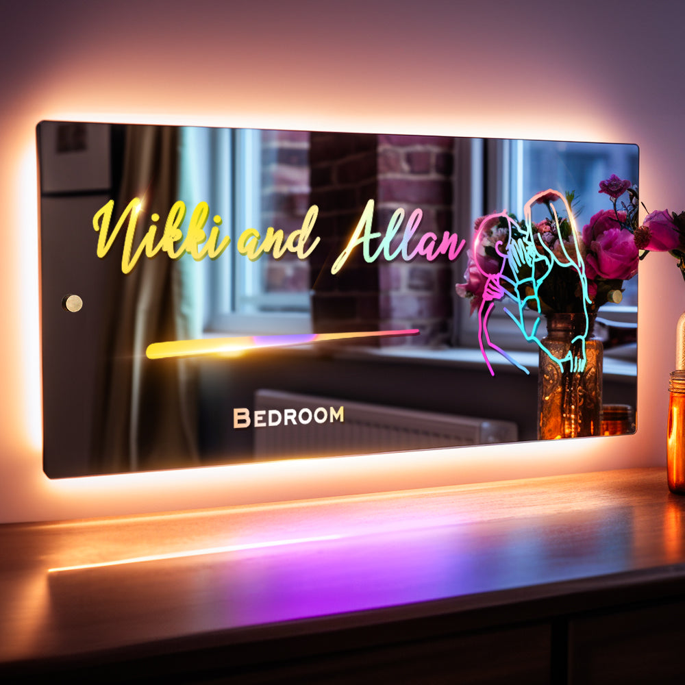Personalized Line Photo Engraved Mirror Light Bedroom Sign Custom Mirror Neon Signs Wall Decor, Custom Name Sign for Bedroom,Christmas Valentine's Day