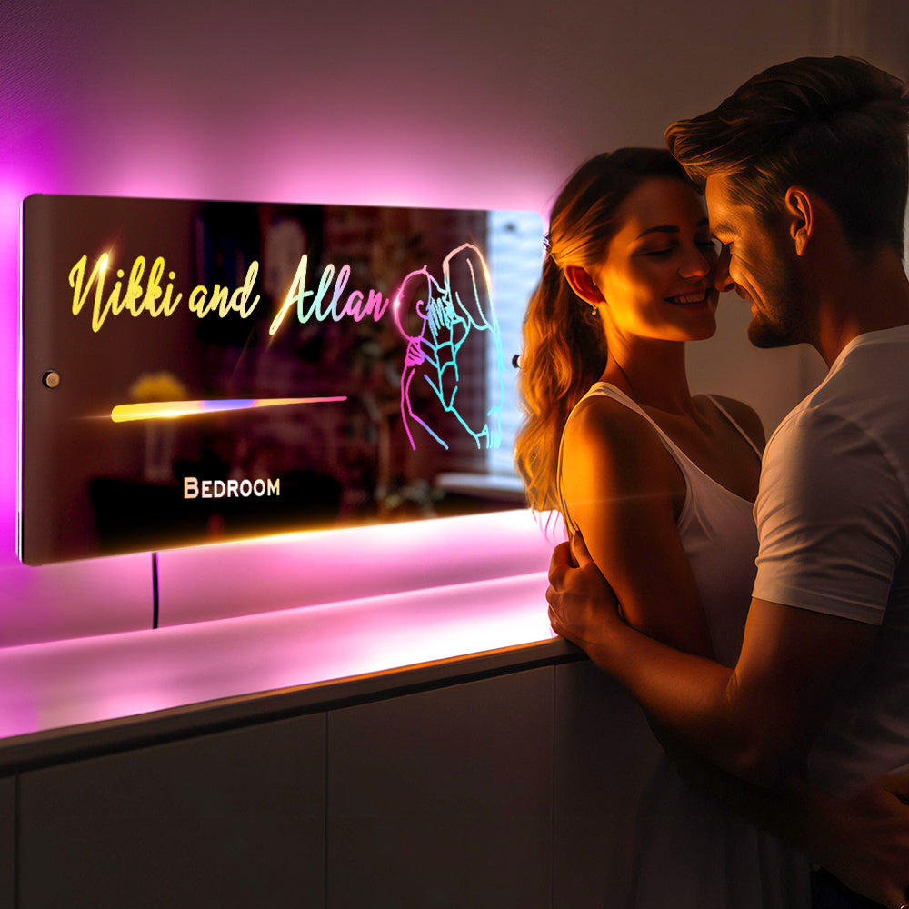 Personalized Line Photo Engraved Mirror Light Bedroom Sign Custom Mirror Neon Signs Wall Decor, Custom Name Sign for Bedroom,Christmas Valentine's Day