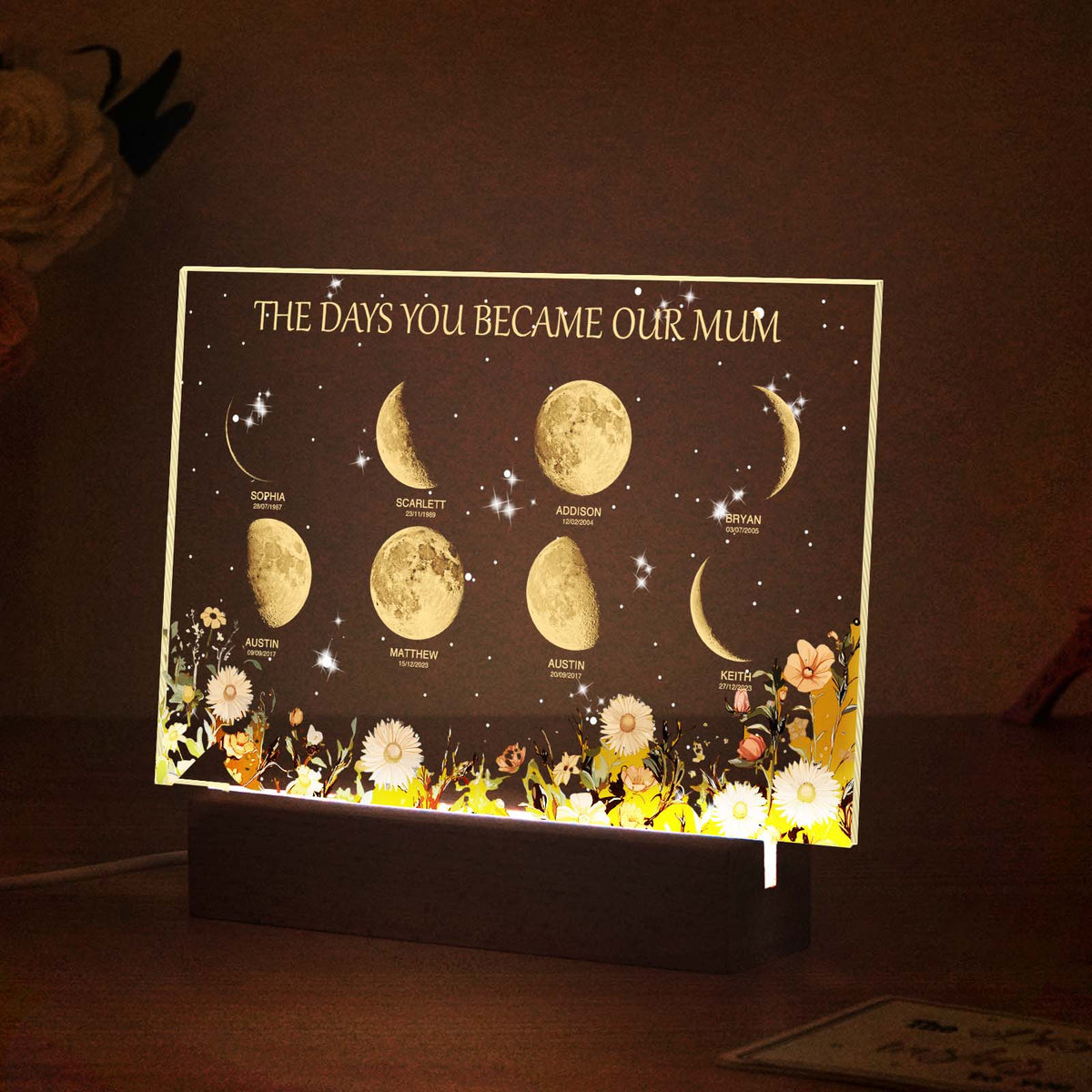 Personalized The Days You Became Our Mom Moon Phase Lightbox Mother's Day Gifts Wood Base