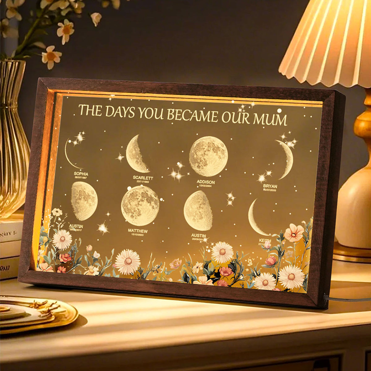 Personalized The Days You Became Our Mom Moon Phase Lightbox Mother's Day Gifts Wood Base