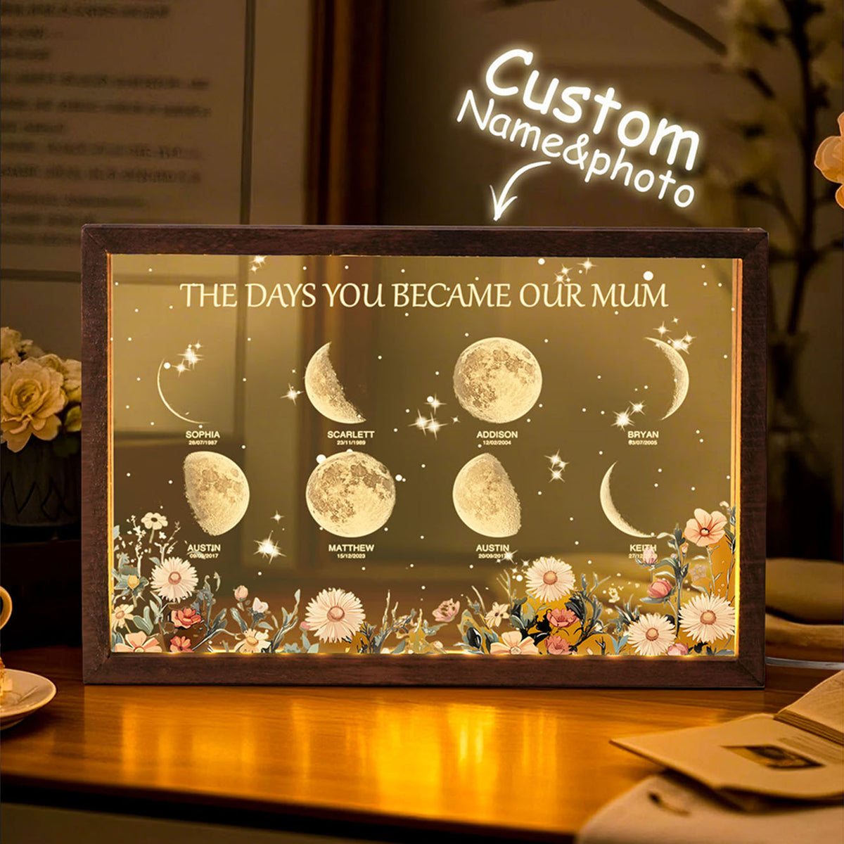 Personalized The Days You Became Our Mom Moon Phase Lightbox Mother's Day Gifts Wood Base