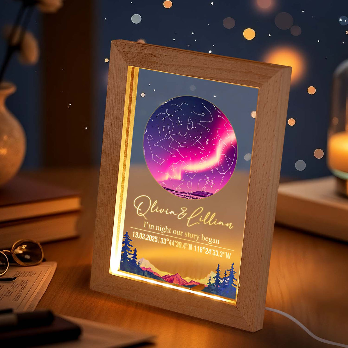 Custom Star Map Night Light Acrylic Lamp with Date Text and Wooden Base Home Decor for Valentine's Day Anniversary Gift for Couples