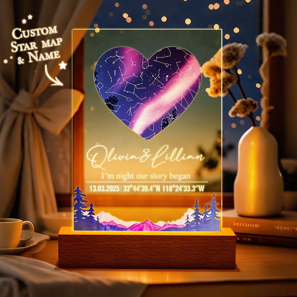 Custom Star Map Night Light Acrylic Lamp with Date Text and Wooden Base Home Decor for Valentine's Day Anniversary Gift for Couples